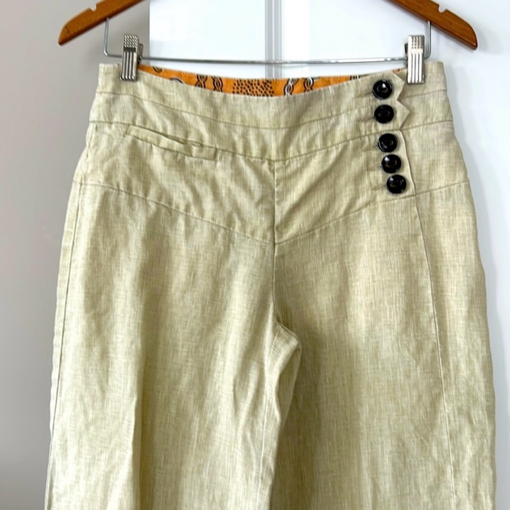 Anthropologie Elevenses Stylish Cream Linen Pants with Button on Detail Size 2